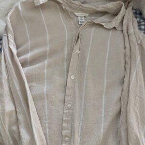 Beige Linen Blend Striped Button-Up Shirt